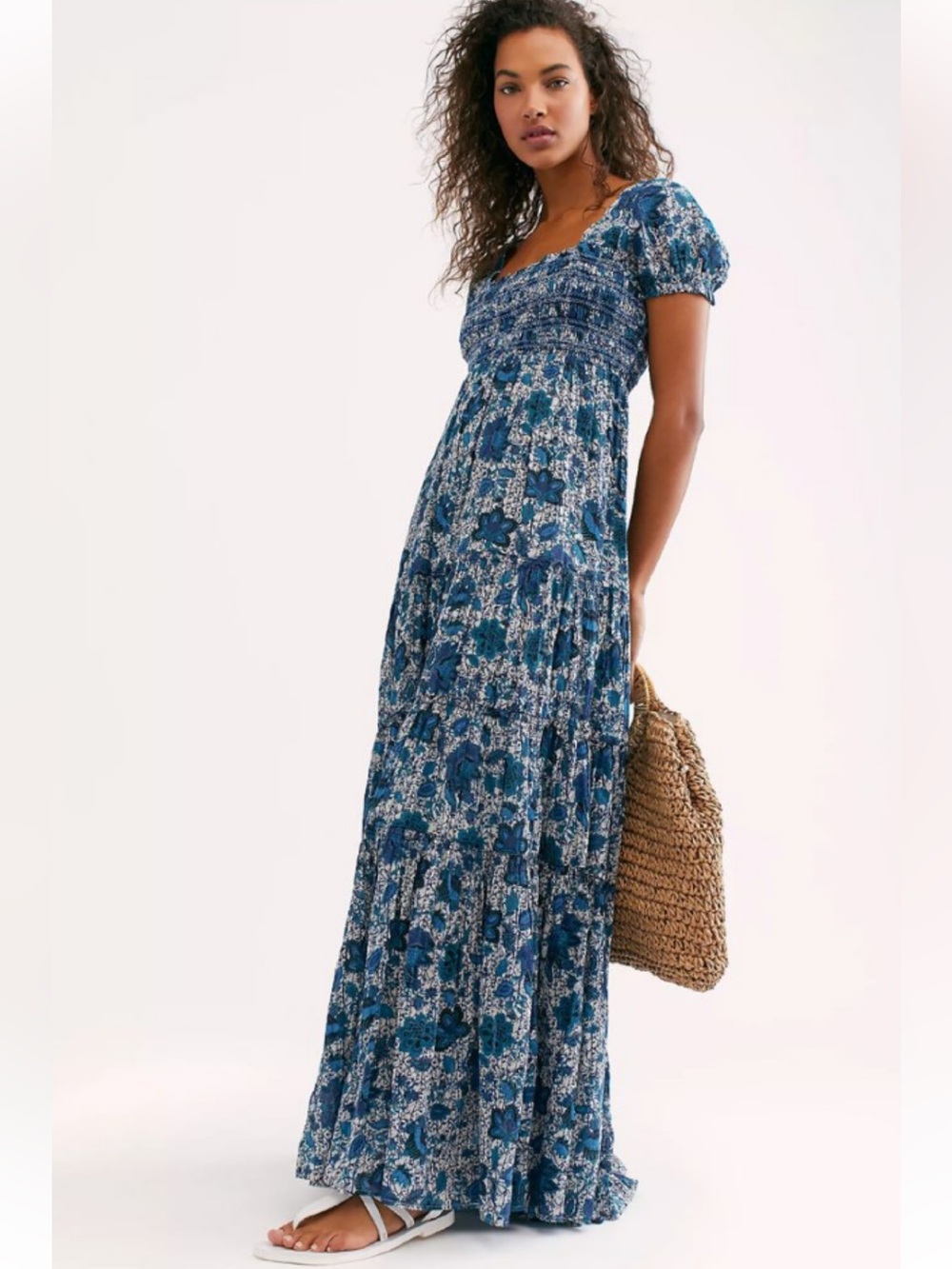 Free People Getaway Smocked Maxi Dress in Blue Floral Size XS